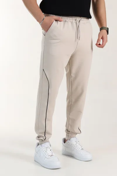 Bej Regular Fit Şerit Detaylı Paça Lastikli Erkek Eşofman Altı 402373