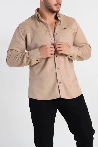 Bej Regular Fit Süet Çıt Çıt Düğmeli Erkek Gömlek 309299