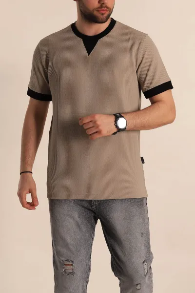 Bej Regular Fit Yaka Detaylı Erkek Tişört 268638