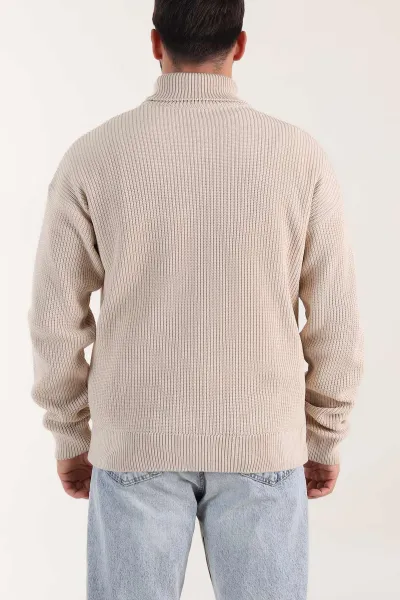 Bej Relaxed Fit Balıkçı Yaka Erkek Triko Kazak 409067