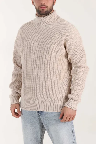 Bej Relaxed Fit Balıkçı Yaka Erkek Triko Kazak 409067