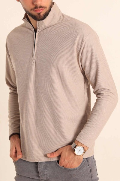 Bej Relaxed Fit Balıkçı Yaka Fermuarlı Erkek Sweat 201319