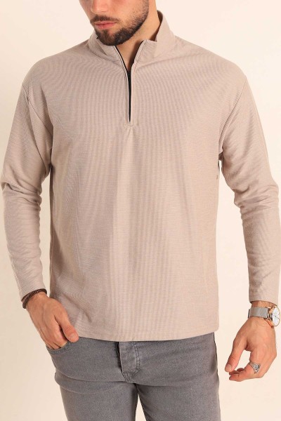 Bej Relaxed Fit Balıkçı Yaka Fermuarlı Erkek Sweat 201319