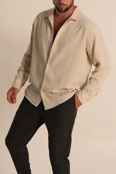 bej-relaxed-fit-bambu-keten-apas-yaka-erkek-gomlek-285488