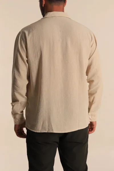 Bej Relaxed Fit Bambu Keten Apaş Yaka Erkek Gömlek 285488