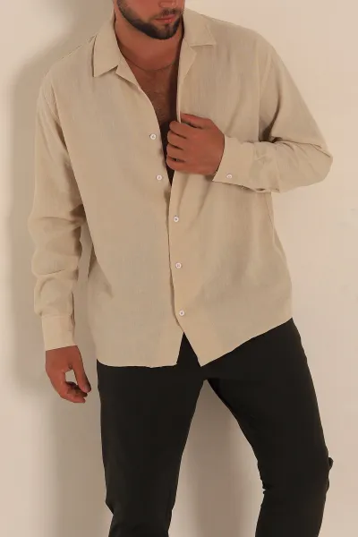 Bej Relaxed Fit Bambu Keten Apaş Yaka Erkek Gömlek 285488