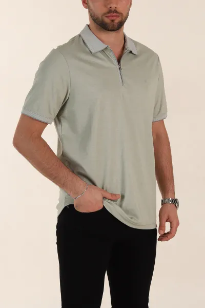 Bej Relaxed Fit Basic Fermuarlı Polo Yaka Erkek Tişört 359132