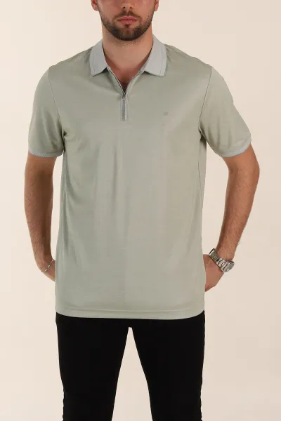 Bej Relaxed Fit Basic Fermuarlı Polo Yaka Erkek Tişört 359132