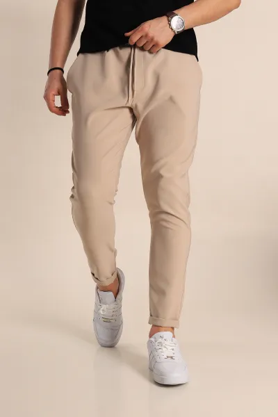 Bej Relaxed Fit Bel Bağlamalı Duble Paça Erkek Jogger Pantolon 257468
