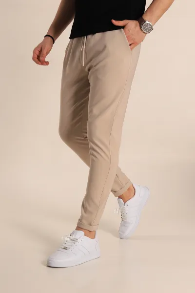 Bej Relaxed Fit Bel Bağlamalı Duble Paça Erkek Jogger Pantolon 257468