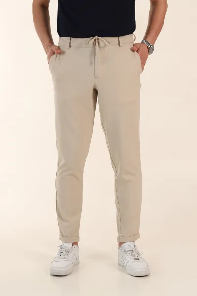 Bej Relaxed Fit Bel Bağlamalı Duble Paça Erkek Kumaş Pantolon 368385