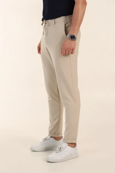 Bej Relaxed Fit Bel Bağlamalı Duble Paça Erkek Kumaş Pantolon 368385