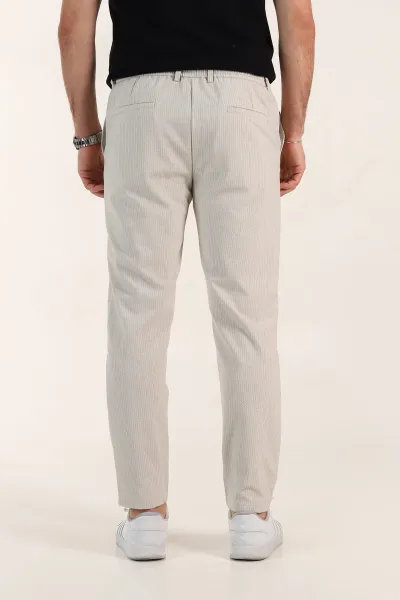 Bej Relaxed Fit Çizgili Bel Arkası Lastikli Erkek Pantolon 362593