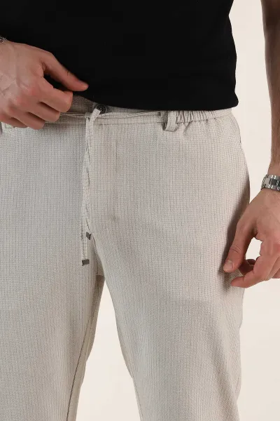 Bej Relaxed Fit Çizgili Bel Arkası Lastikli Erkek Pantolon 362593