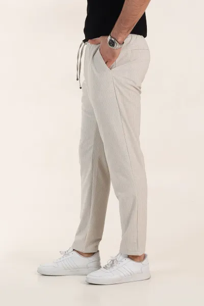 Bej Relaxed Fit Çizgili Bel Arkası Lastikli Erkek Pantolon 362593