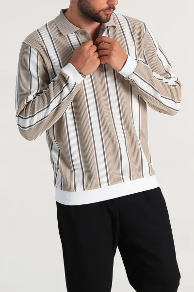 Bej Relaxed Fit Çizgili Polo Yaka Uzun Kollu Erkek Sweatshirt 300887
