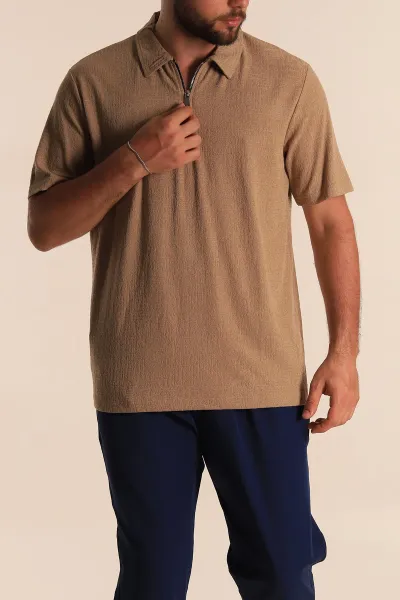 Bej Relaxed Fit Desenli Fermuarlı Polo Yaka Erkek Tişört 279211