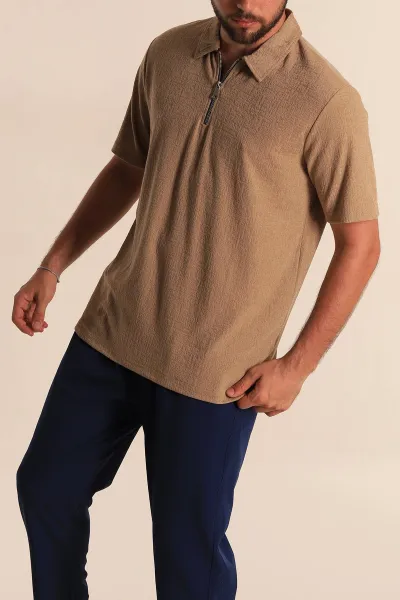 Bej Relaxed Fit Desenli Fermuarlı Polo Yaka Erkek Tişört 279211