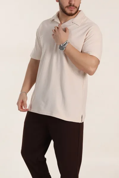 Bej Relaxed Fit Dokulu Basic Polo Yaka Erkek Tişört 351995