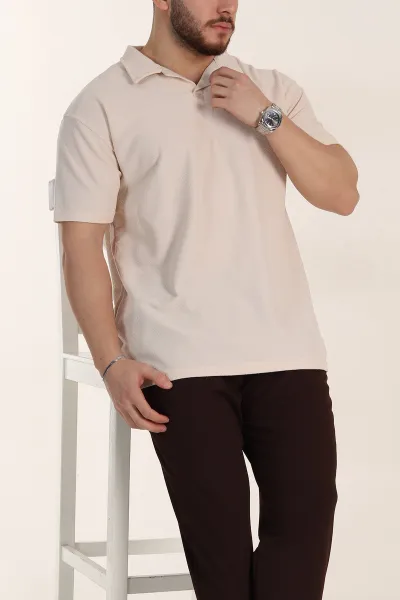 Bej Relaxed Fit Dokulu Basic Polo Yaka Erkek Tişört 351995
