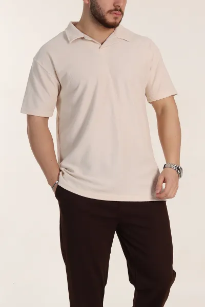 Bej Relaxed Fit Dokulu Basic Polo Yaka Erkek Tişört 351995