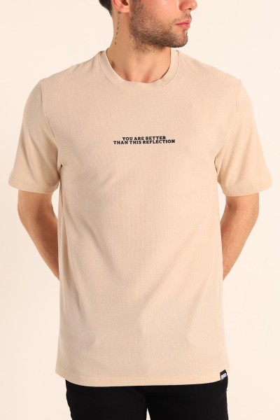 bej-relaxed-fit-dokulu-slogan-baskili-erkek-tisort-186769