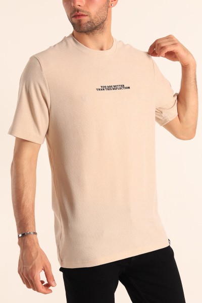 Bej Relaxed Fit Dokulu Slogan Baskılı Erkek Tişört 186769