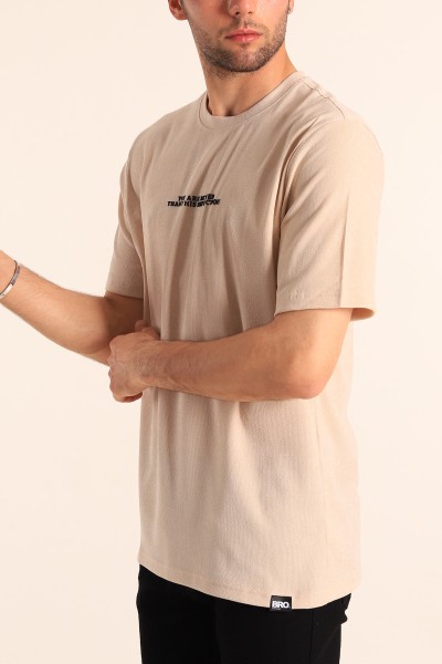 Bej Relaxed Fit Dokulu Slogan Baskılı Erkek Tişört 186769