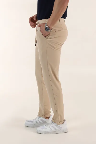 Bej Relaxed Fit Duble Kumaş Bel Lastikli Duble Paça Erkek Pantolon 362587