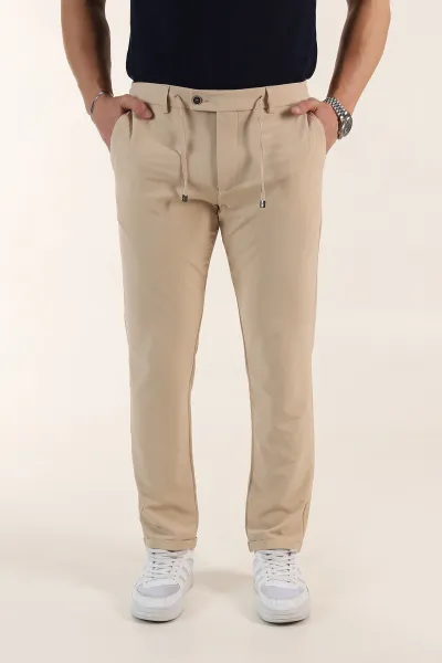 Bej Relaxed Fit Duble Kumaş Bel Lastikli Duble Paça Erkek Pantolon 362587