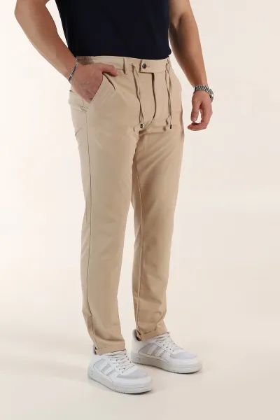 Bej Relaxed Fit Duble Kumaş Bel Lastikli Duble Paça Erkek Pantolon 362587