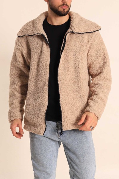 Bej Relaxed Fit Fermuarlı Dik Yaka Peluş Ceket 224977