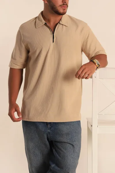 Bej Relaxed Fit Fermuarlı Polo Yaka Erkek Tişört 279200