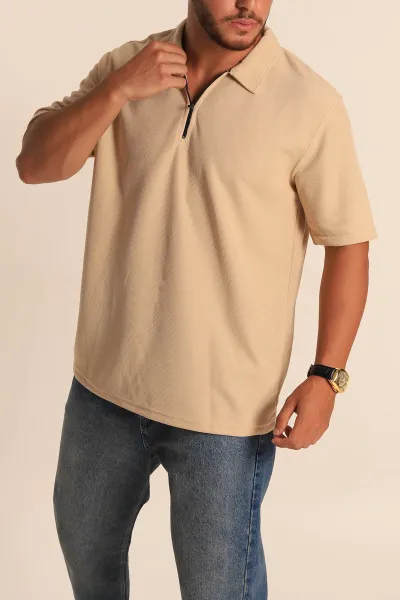Bej Relaxed Fit Fermuarlı Polo Yaka Erkek Tişört 279200