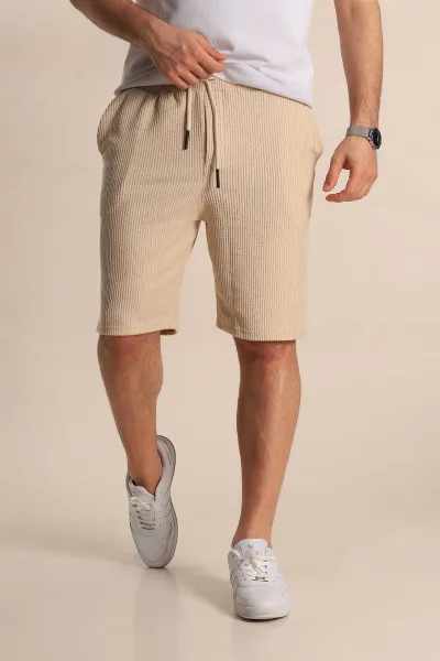 Bej Relaxed Fit Fitilli Doku Bel Lastikli Erkek Şort 272829
