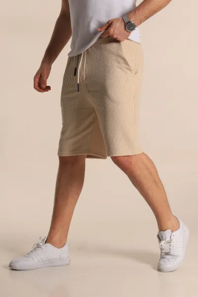 Bej Relaxed Fit Fitilli Doku Bel Lastikli Erkek Şort 272829