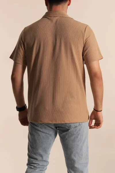 Bej Relaxed Fit Fitilli Doku Fermuarlı Polo Yaka Erkek Tişört 268311