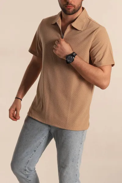 Bej Relaxed Fit Fitilli Doku Fermuarlı Polo Yaka Erkek Tişört 268311