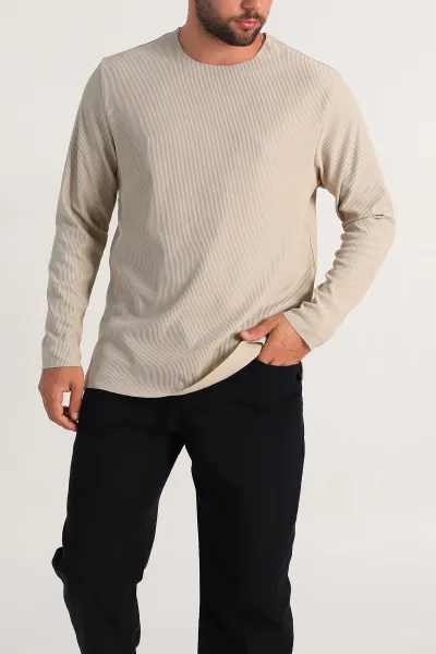 Bej Relaxed Fit Fitilli Doku Geniş Yaka Erkek Sweatshirt 300053