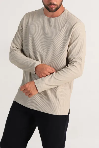 Bej Relaxed Fit Fitilli Doku Geniş Yaka Erkek Sweatshirt 300053