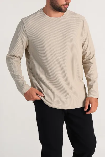 Bej Relaxed Fit Fitilli Doku Geniş Yaka Erkek Sweatshirt 300053