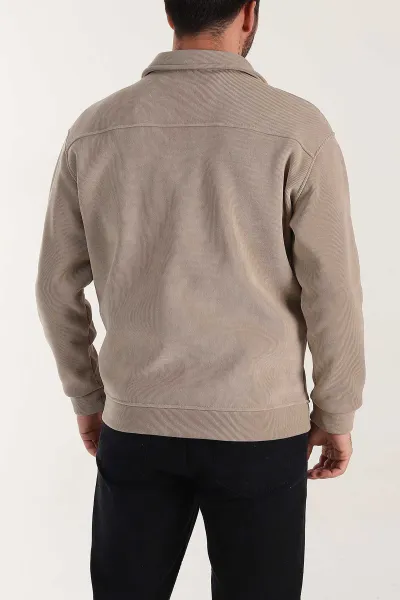 Bej Relaxed Fit Fitilli Doku İçi Polarlı Erkek Kadife Ceket 399996