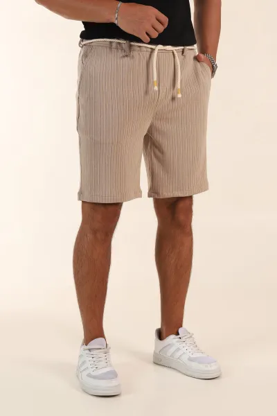 Bej Relaxed Fit Fitilli Doku Likralı Erkek Şort 380975