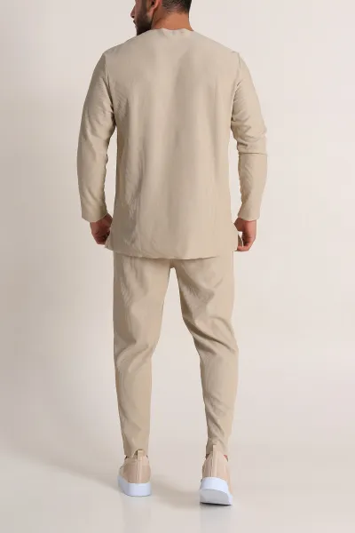 Bej Relaxed Fit Fitilli Dokulu Erkek Eşofman Takımı 300071