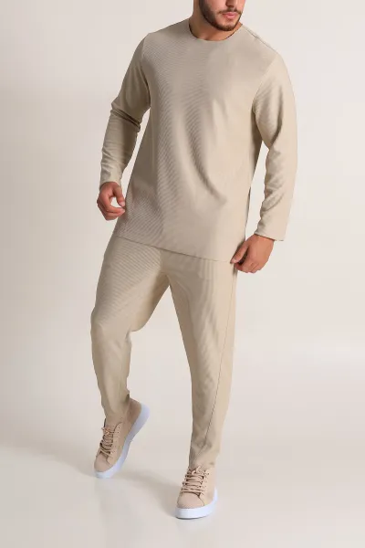 Bej Relaxed Fit Fitilli Dokulu Erkek Eşofman Takımı 300071