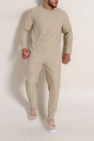 Bej Relaxed Fit Fitilli Dokulu Erkek Eşofman Takımı 300071