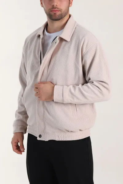Bej Relaxed Fit Fitilli Dokulu İçi Astarlı Erkek Mont 409637
