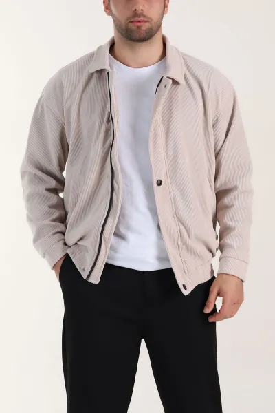 Bej Relaxed Fit Fitilli Dokulu İçi Astarlı Erkek Mont 409637