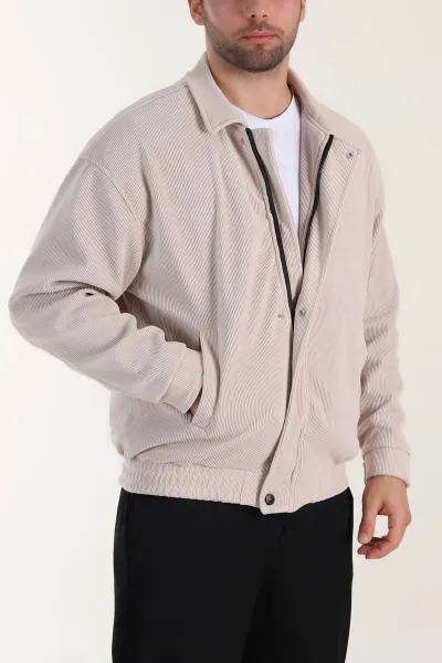 Bej Relaxed Fit Fitilli Dokulu İçi Astarlı Erkek Mont 409637