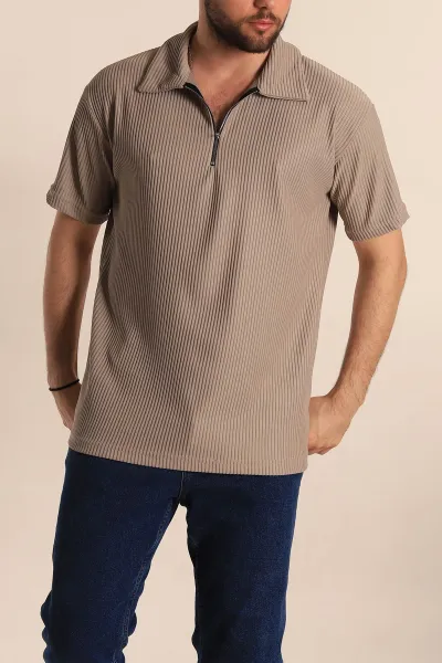 Bej Relaxed Fit Fitilli Dokulu Jakarlı Fermuarlı Polo Yaka Erkek Tişört 270753